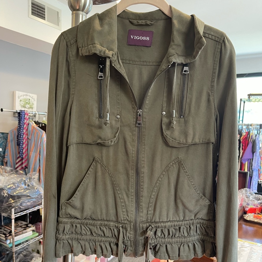 Vigoss Olive Green Tencel Hooded Utility Jacket – Size Small Lightweight zipped